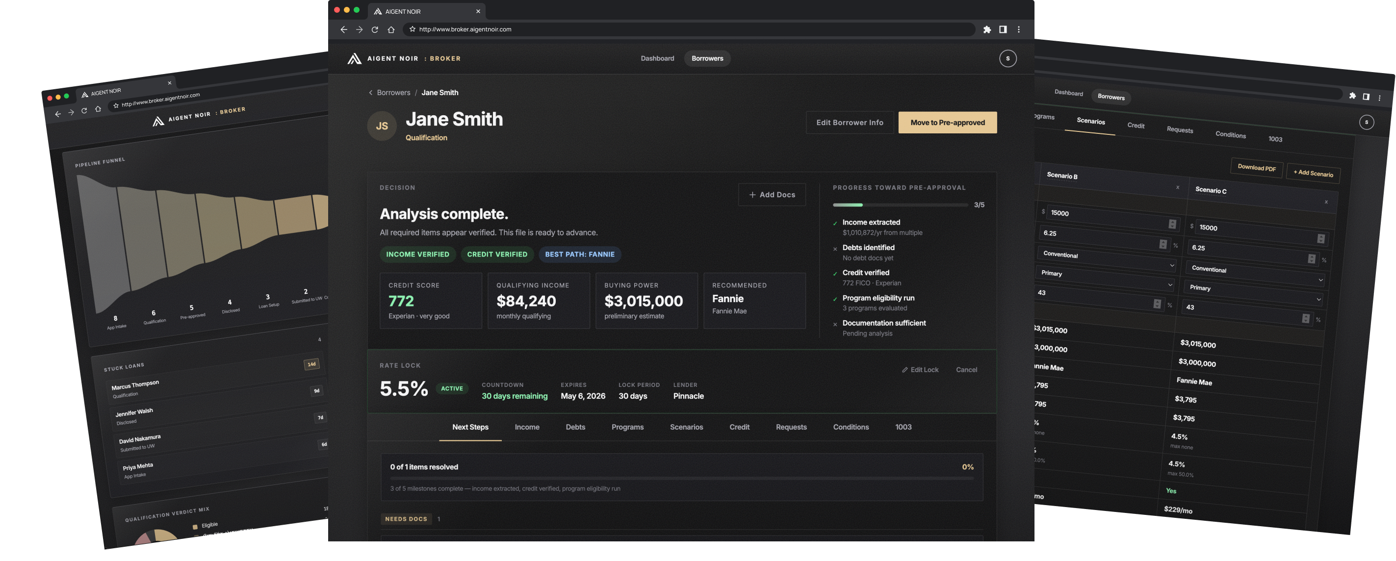AIGENT NOIR qualification results showing extracted income, buying power estimate, and Freddie Mac compliance review